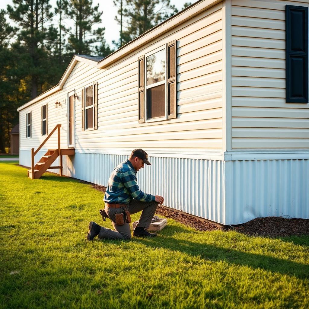 Repair professional inspecting the foundation of a well-maintained manufactured home in the Carolinas